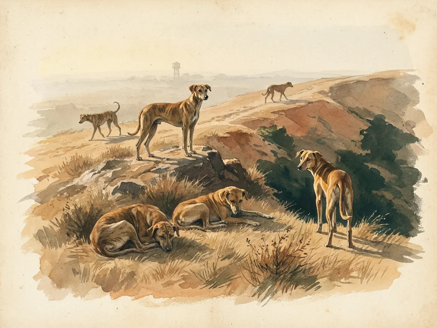 Painted plate: free-roaming Indian dogs resting and moving on a dry hillside outside Pune at first light