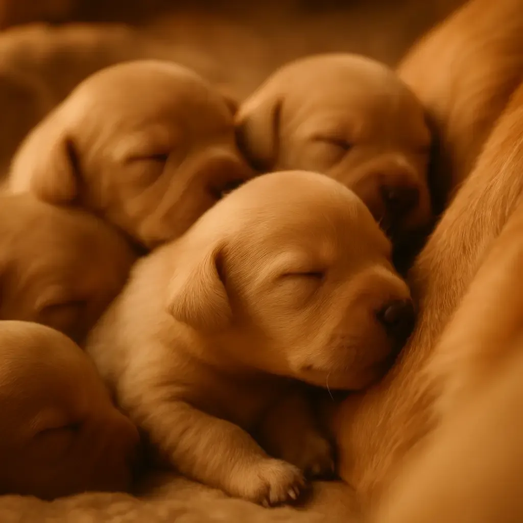 Newborn puppies huddled together, blind, deaf, navigating by smell, warmth, and touch