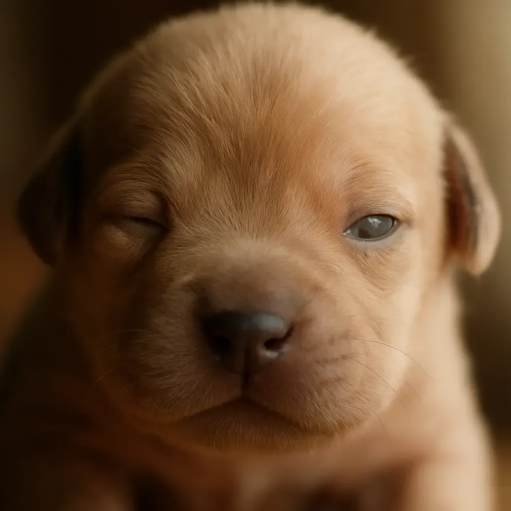 A puppy at ~12-14 days with eyes just beginning to open, the moment vision switches on
