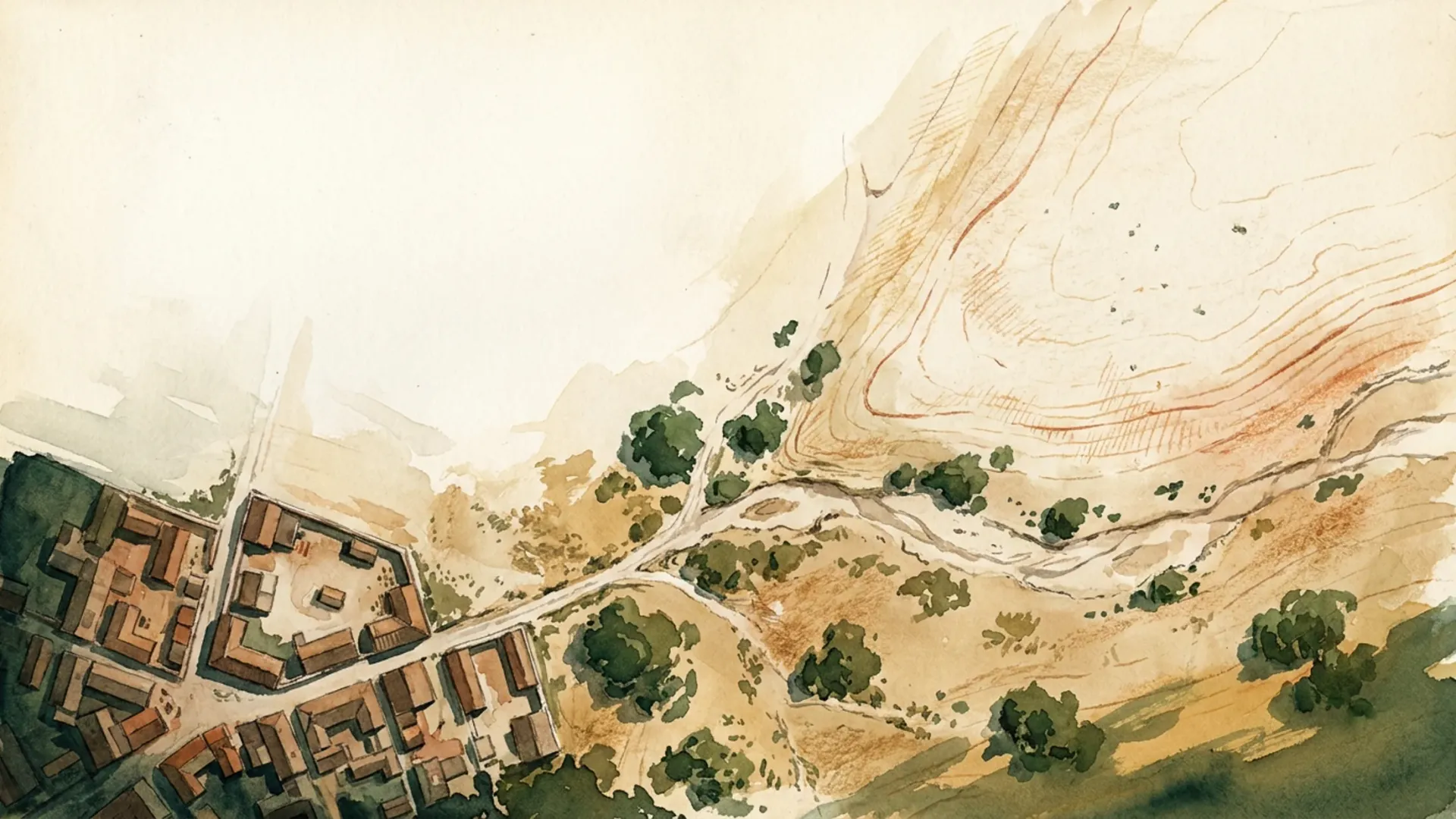 A painted overhead survey of walked ground: a dense settlement at the lower left, a lane leaving it, and open scrub rising away to the upper right