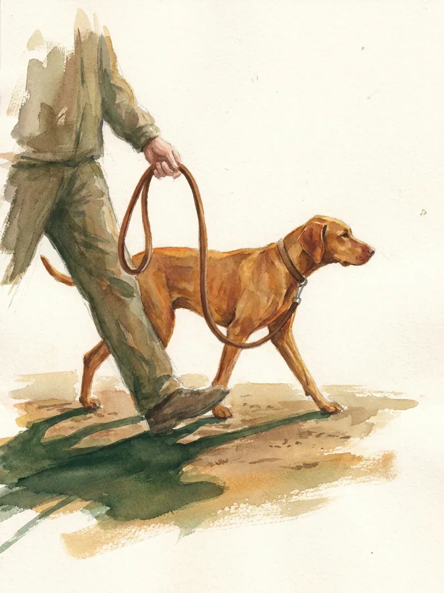 Painted study of a person walking a medium-sized dog with the leash hanging in a visible slack curve between them