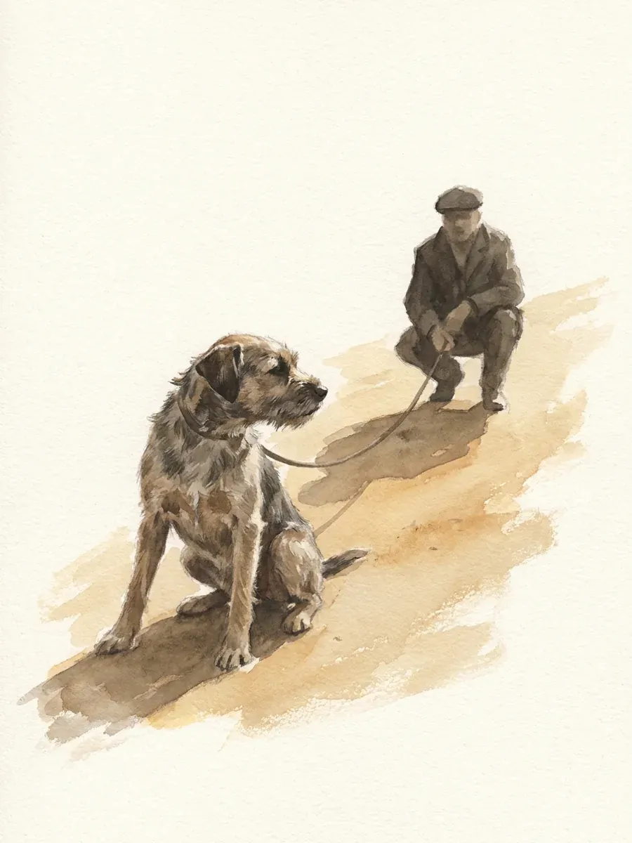 Painted study of a dog sitting back and turned aside at the end of a leash while a person crouches at a distance, giving it room