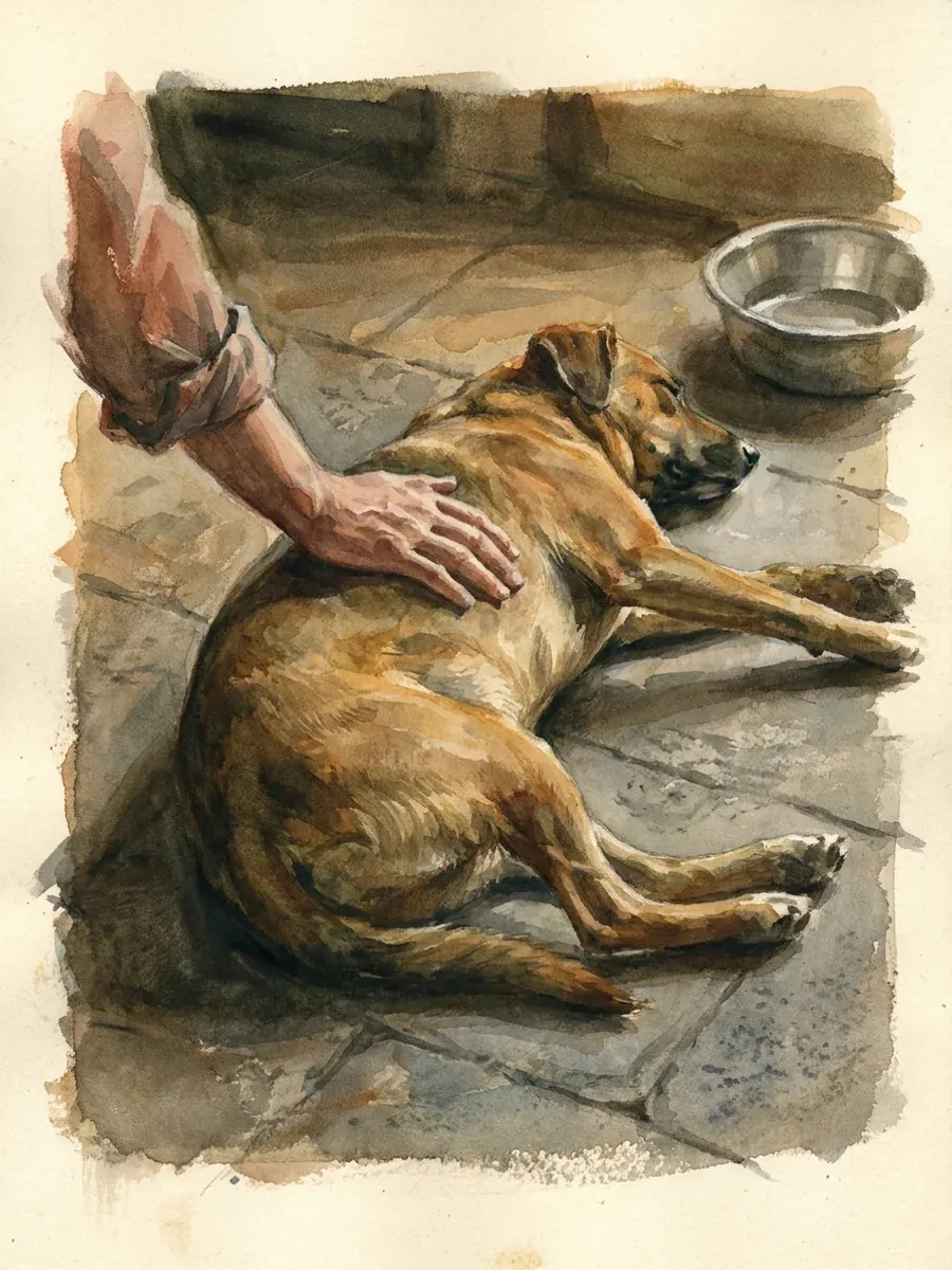 Painted study of a person kneeling beside a settled dog on a stone floor, one hand resting still on its flank