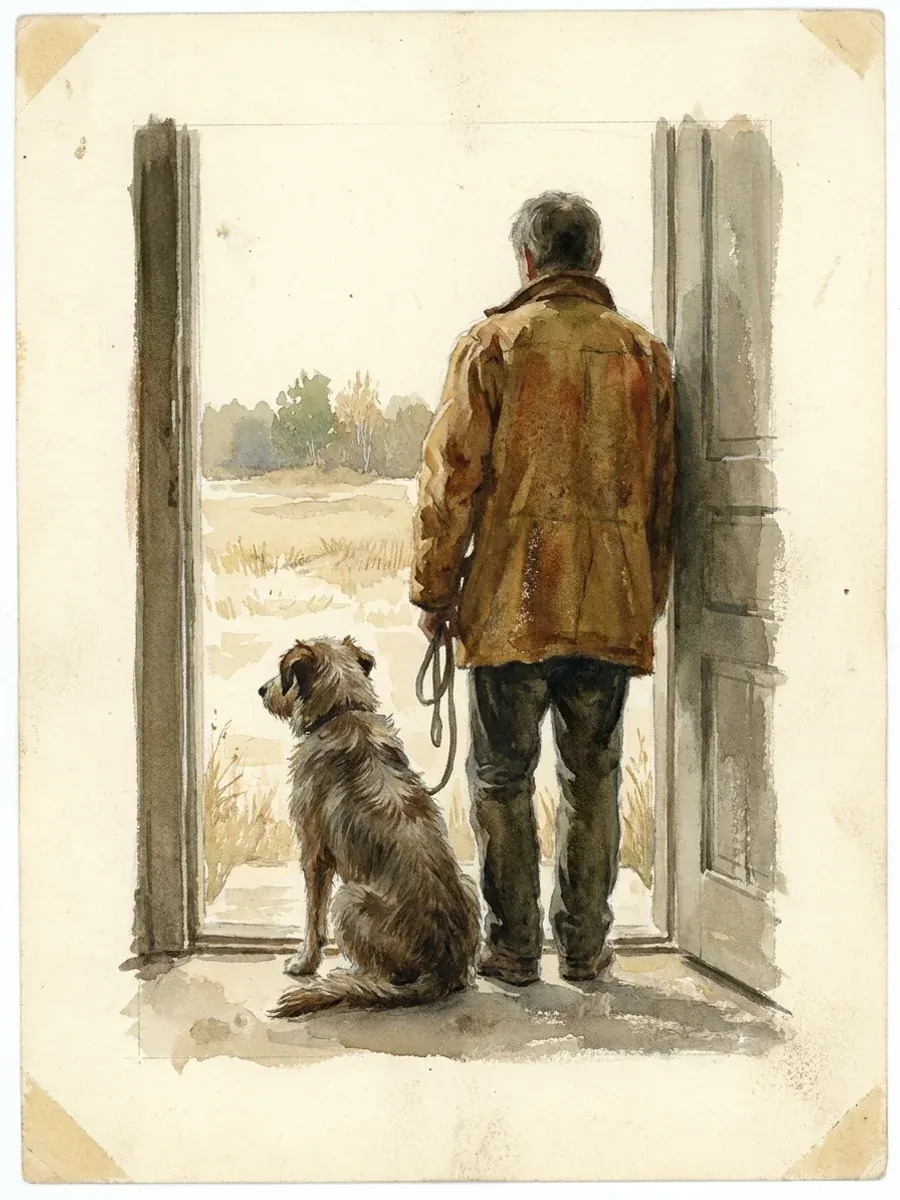 Painted study of a person standing still in a doorway with the leash slack in one hand and a dog sitting beside them, both looking out