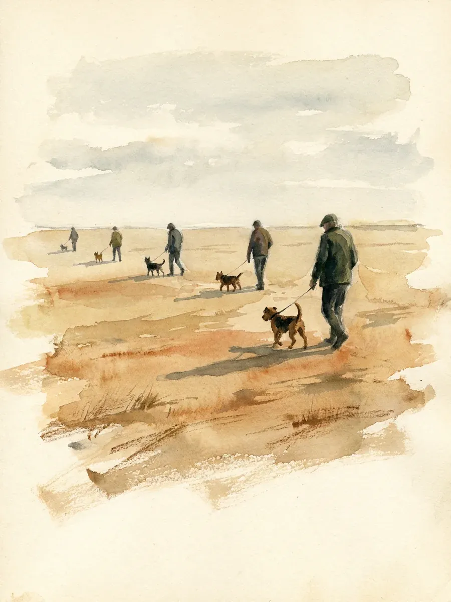 Painted study of several people, each walking a dog, spread widely apart across open ground in the early morning