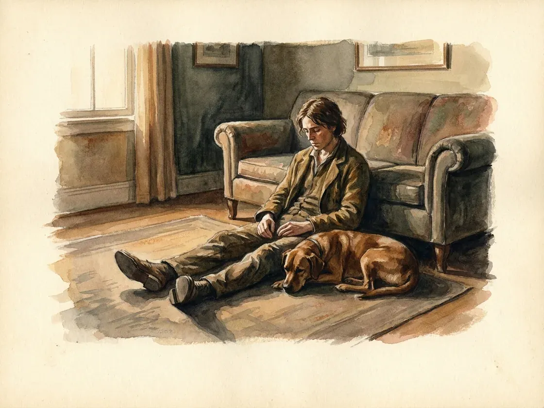 Painted plate: a person sitting on the floor against a sofa, hands loose and still, with a dog settled and asleep against their leg