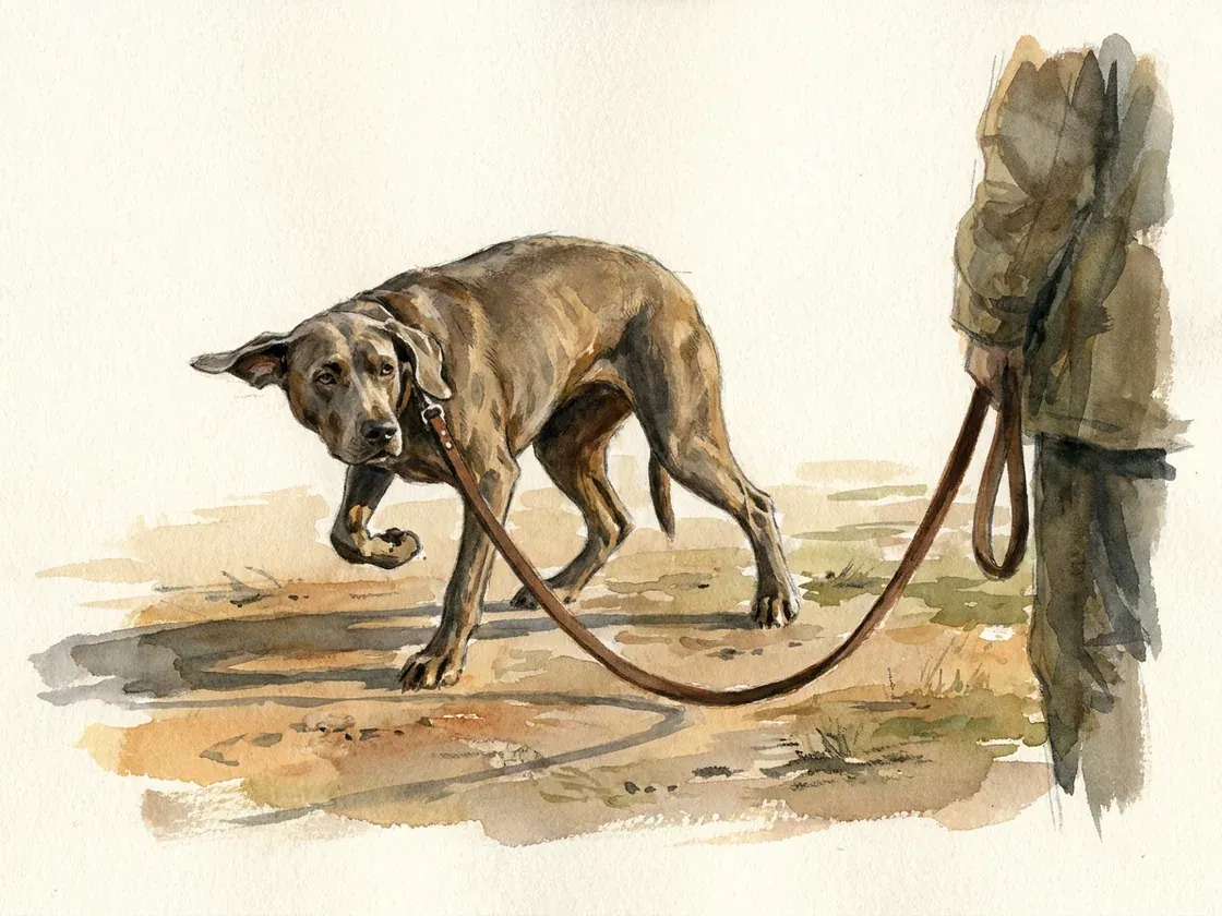 Painted plate: a dog on a walk with ears back, weight shifted low and head turned away, the lead hanging completely slack while the person stands still and watches
