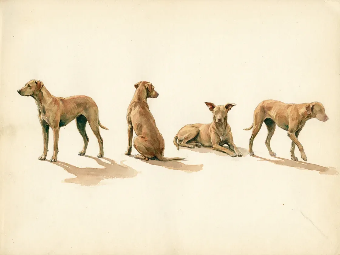 Painted specimen plate: the same lean pariah-type dog studied four times across bare paper, standing alert, sitting turned away, lying with head raised, and walking