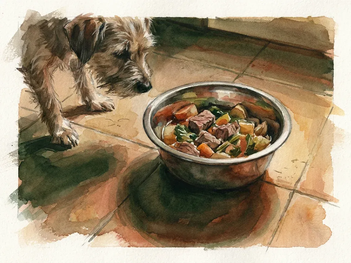 Painted plate: a steel bowl of fresh food, meat, vegetables and broth, on a kitchen floor in morning light, with a small rough-coated dog waiting beside it rather than lunging