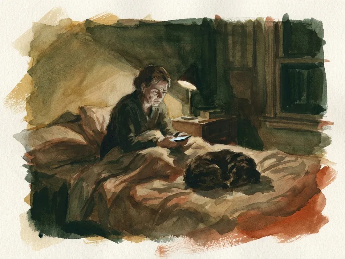 Painted plate: a person sitting up in low lamplight late at night reading from a phone with a worried expression, a dog asleep and curled on the bed beside them