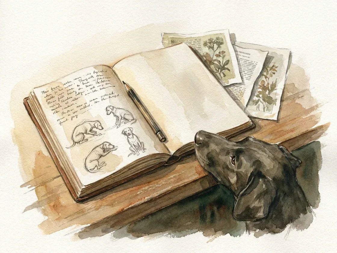 Painted plate: an open field notebook covered in handwritten observations and pencil studies of a dog’s posture, printed papers laid beside it, and a dog watching from the table edge